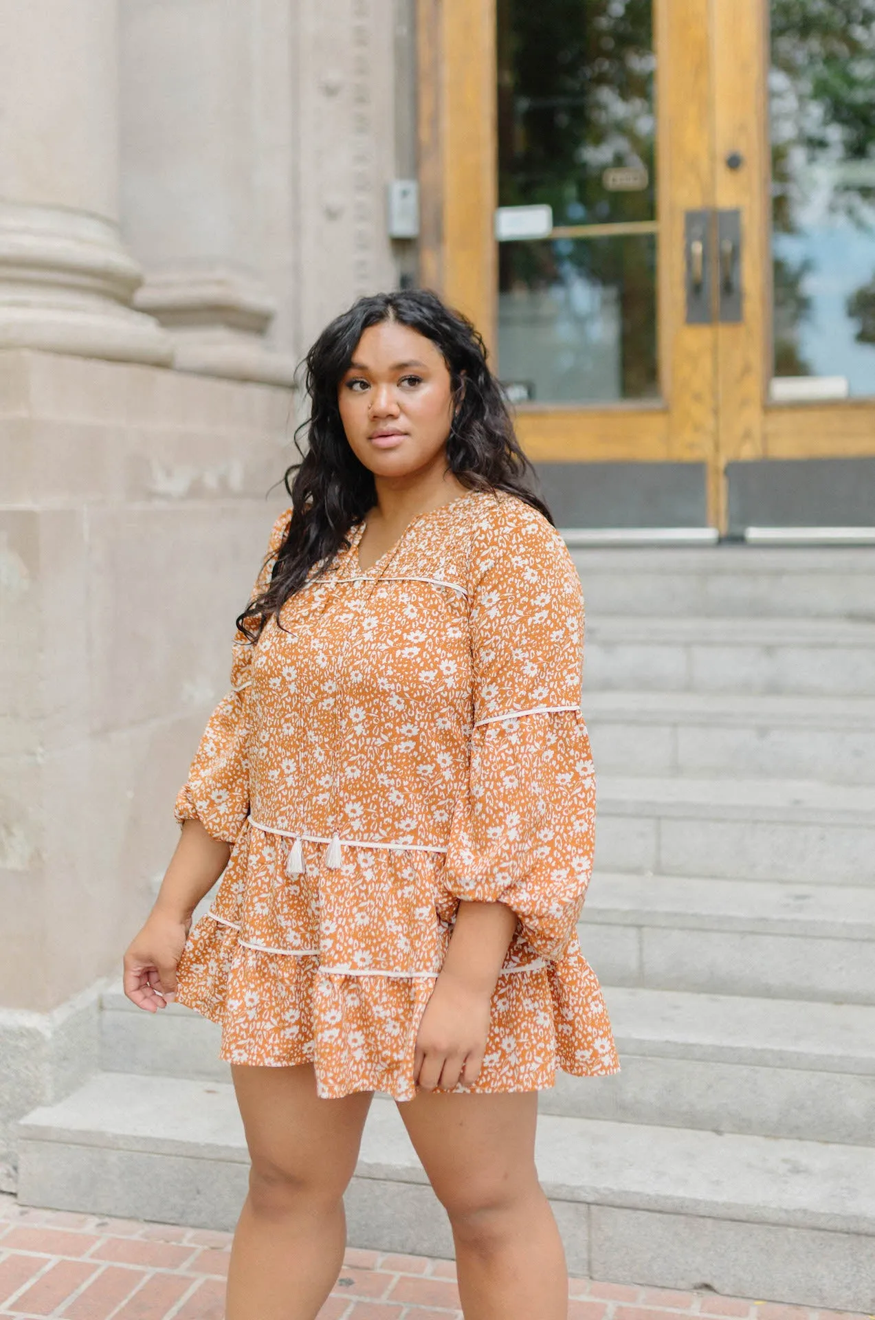 Alana Floral Babydoll Tiered Mini Dress - Burnt Orange