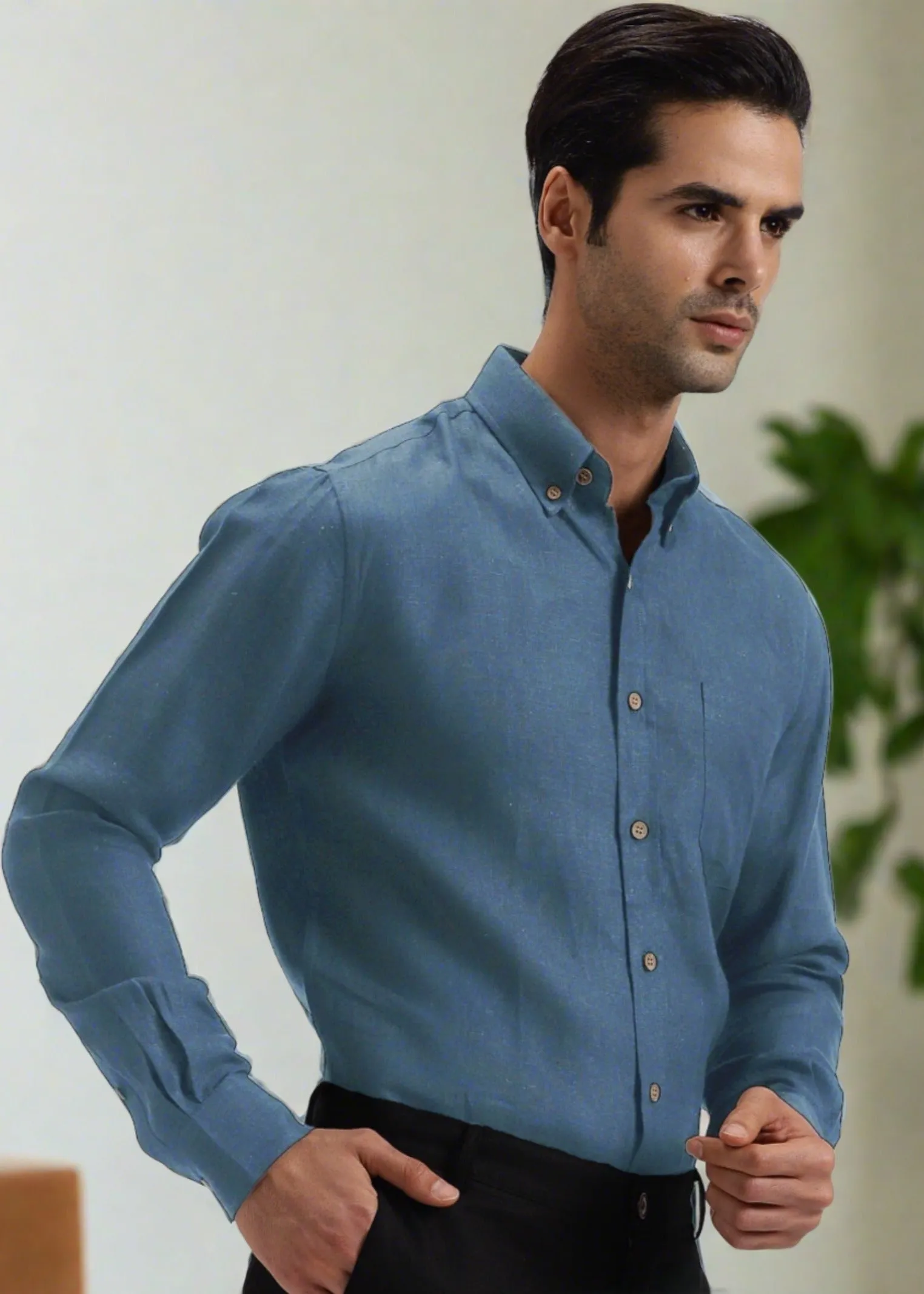 Austin - Pure Linen Button Down Full Sleeve Shirt - Blue Grey