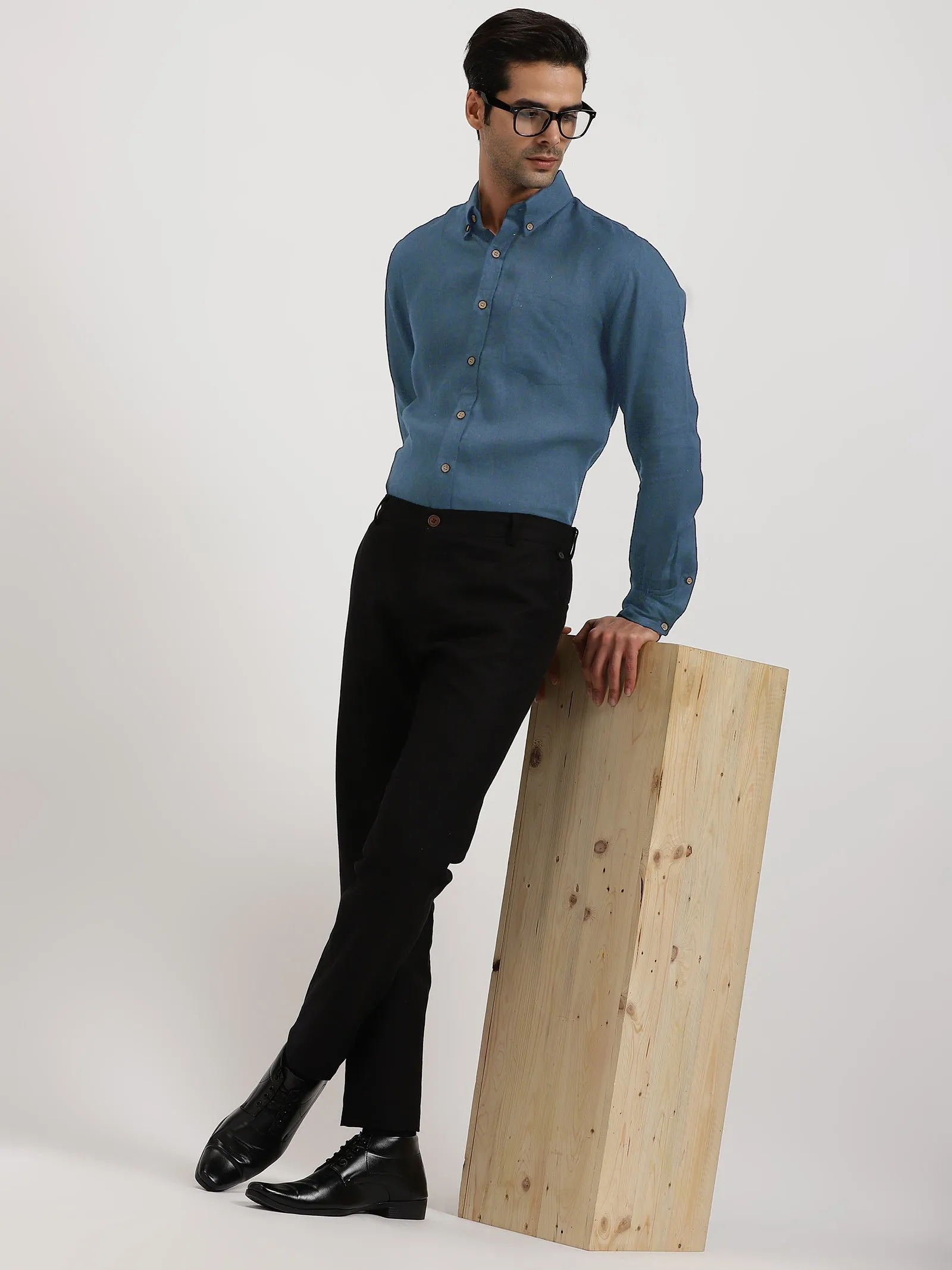 Austin - Pure Linen Button Down Full Sleeve Shirt - Blue Grey