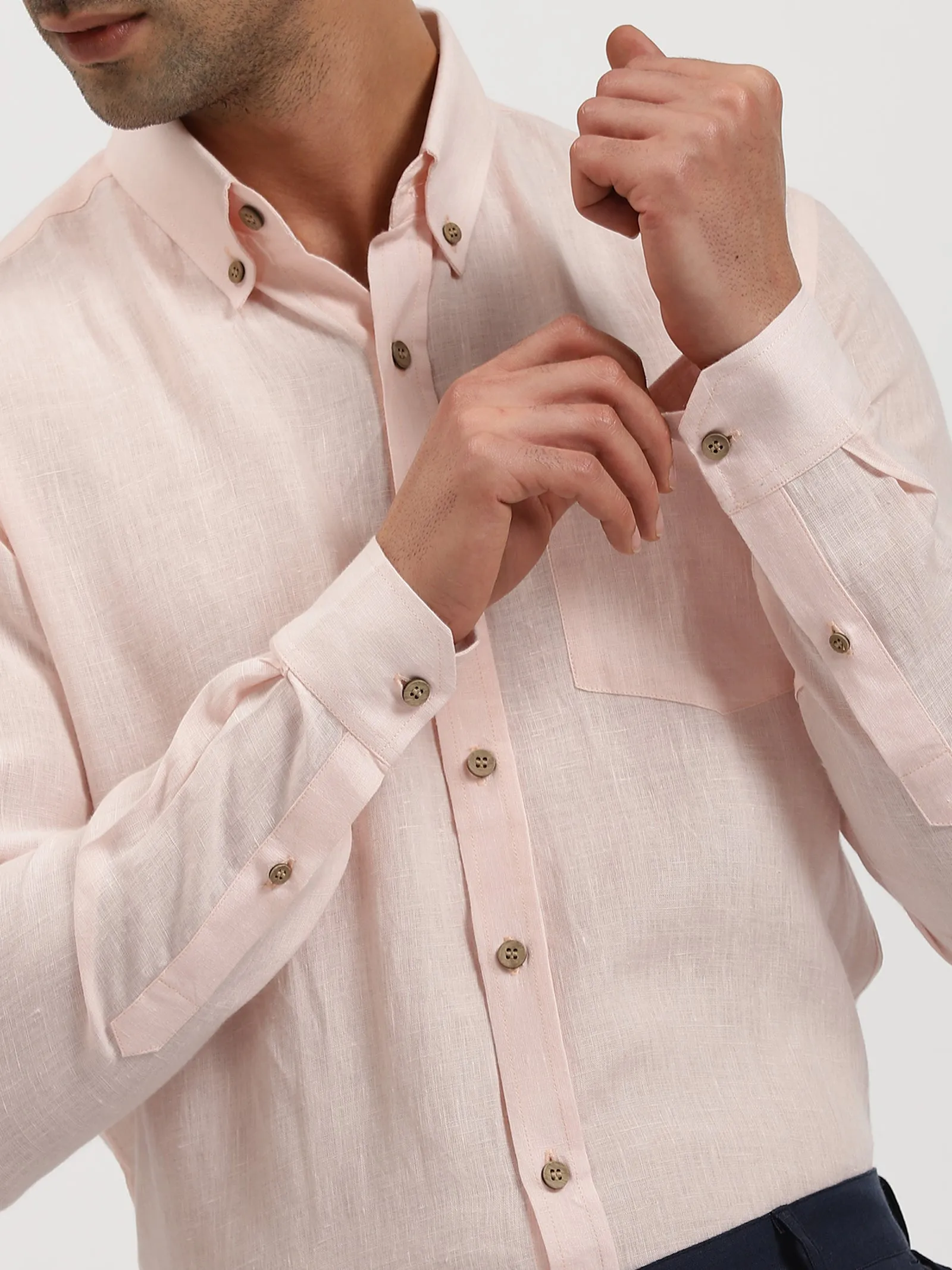 Austin - Pure Linen Button Down Full Sleeve Shirt - Light Pink
