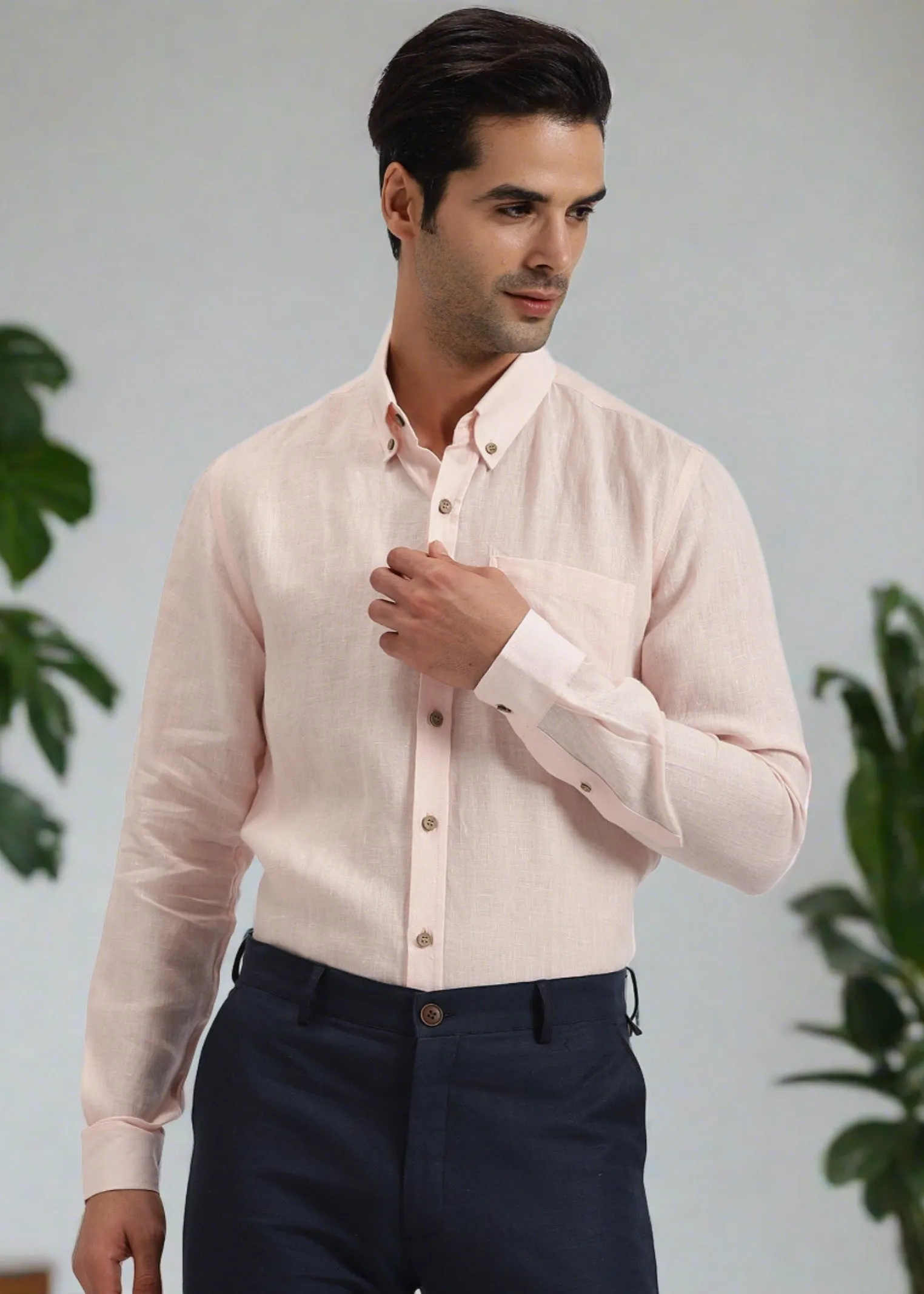 Austin - Pure Linen Button Down Full Sleeve Shirt - Light Pink