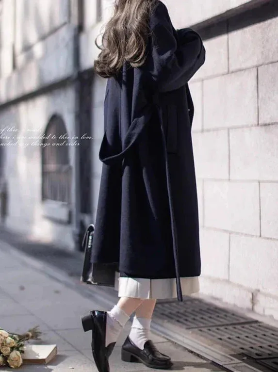 College Double-Breasted Wool Elegant Cocoon Coat Blue