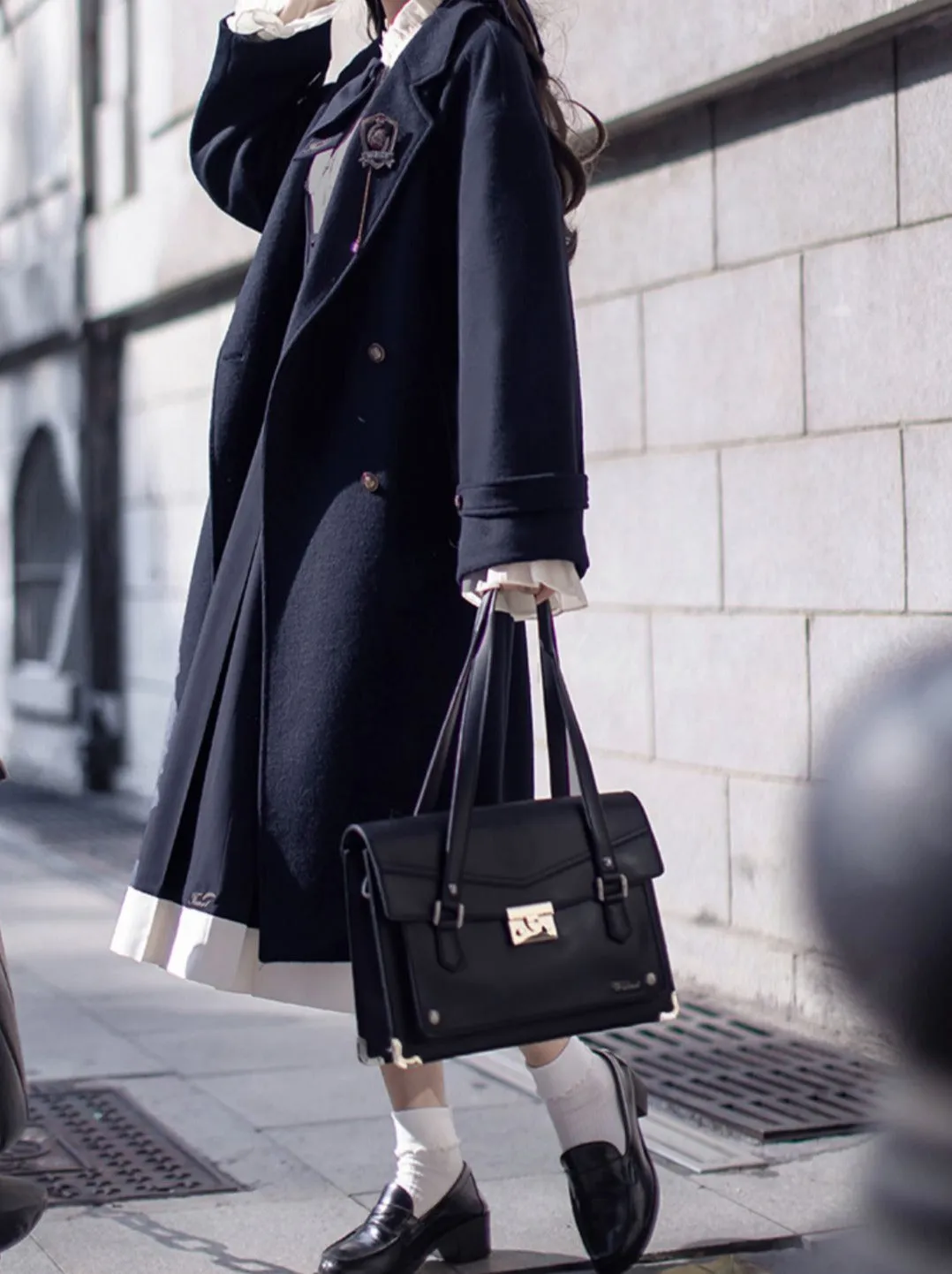College Double-Breasted Wool Elegant Cocoon Coat Blue