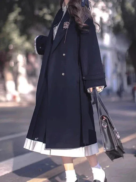 College Double-Breasted Wool Elegant Cocoon Coat Blue