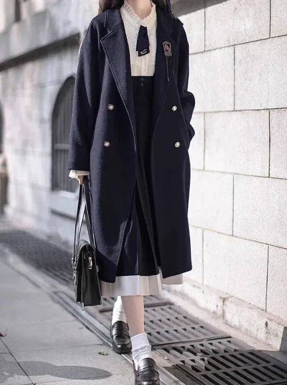 College Double-Breasted Wool Elegant Cocoon Coat Blue
