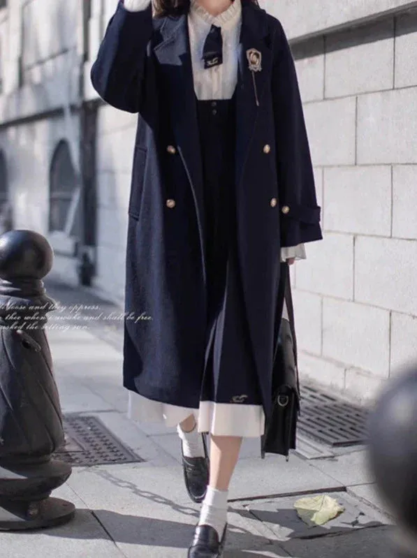 College Double-Breasted Wool Elegant Cocoon Coat Blue