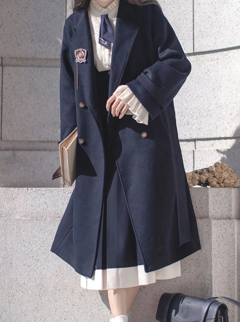 College Double-Breasted Wool Elegant Cocoon Coat Blue