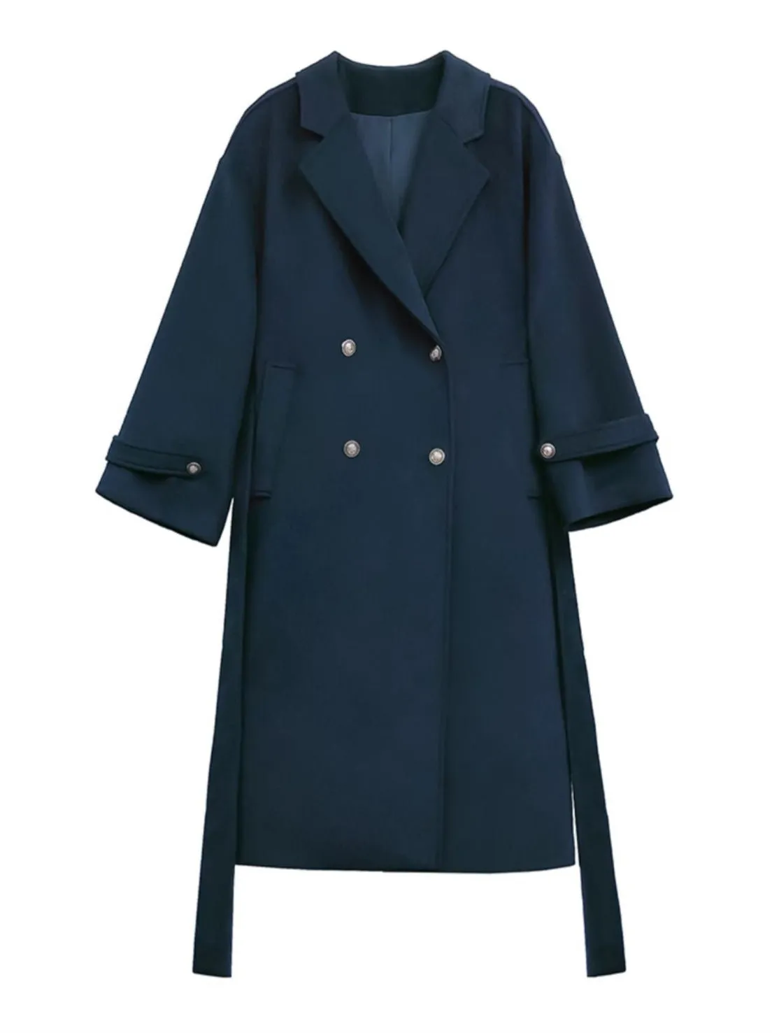 College Double-Breasted Wool Elegant Cocoon Coat Blue