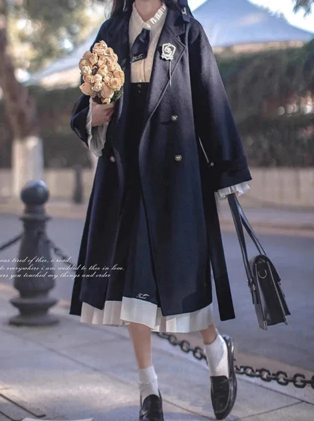 College Double-Breasted Wool Elegant Cocoon Coat Blue