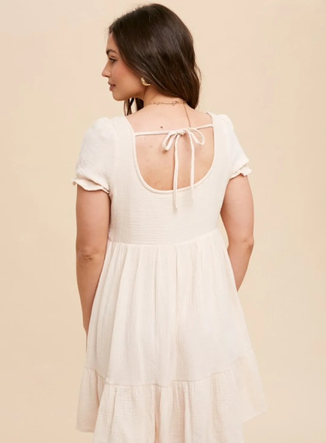COTTON GAUZE BABYDOLL SHORT SLEEVE HENLEY DRESS