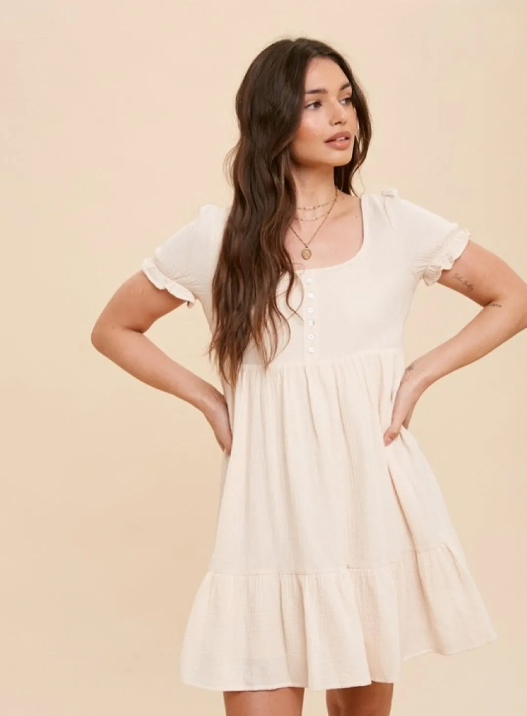 COTTON GAUZE BABYDOLL SHORT SLEEVE HENLEY DRESS