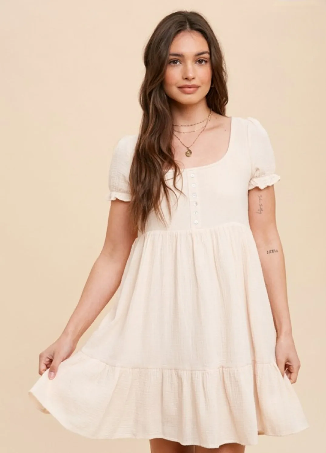 COTTON GAUZE BABYDOLL SHORT SLEEVE HENLEY DRESS