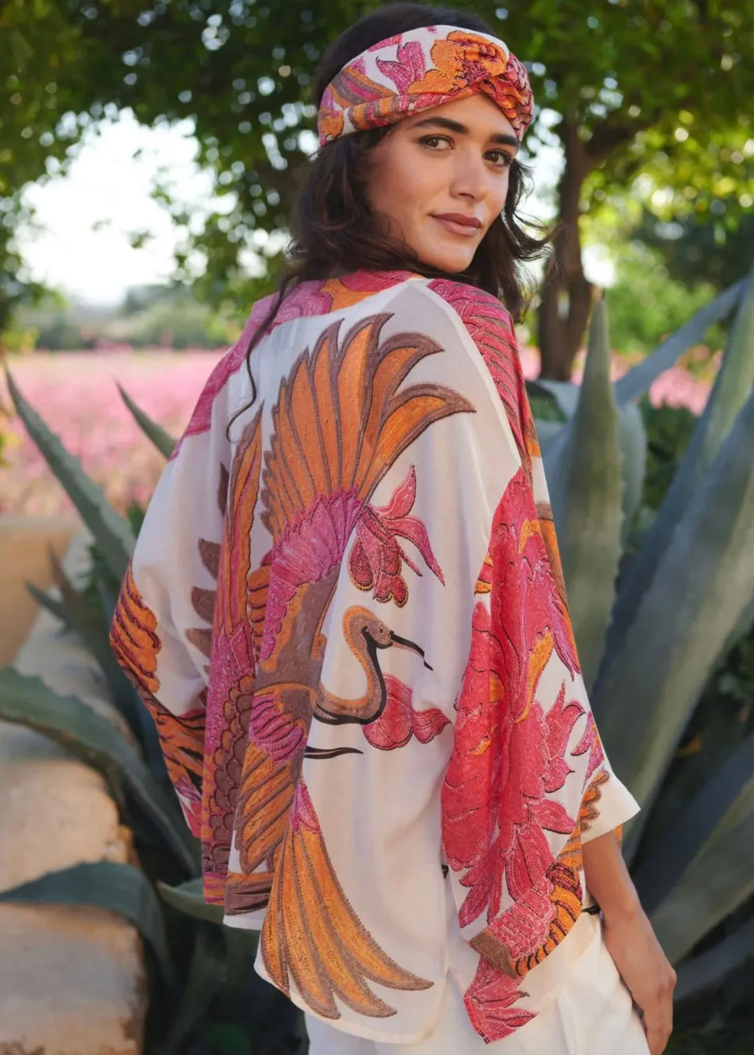 Crane Kimono - Cream/Pink