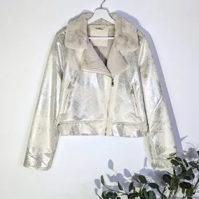 Faux fur lined stylish biker style jacket with classy vintage silver type fabric