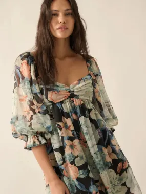 FINAL SALE Floral Sweetheart Neck Babydoll Dress in Midnight
