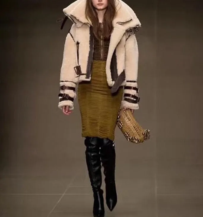 Lamb Wool Fur Genuine Leather Sheepskin Double Layers Collar Jacket