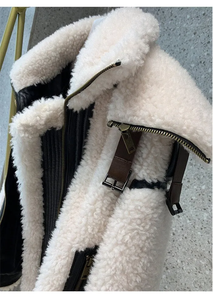 Lamb Wool Fur Genuine Leather Sheepskin Double Layers Collar Jacket