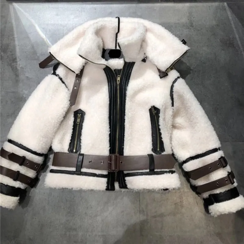 Lamb Wool Fur Genuine Leather Sheepskin Double Layers Collar Jacket