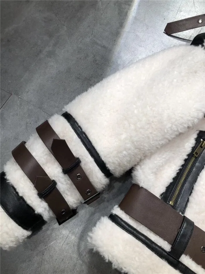 Lamb Wool Fur Genuine Leather Sheepskin Double Layers Collar Jacket