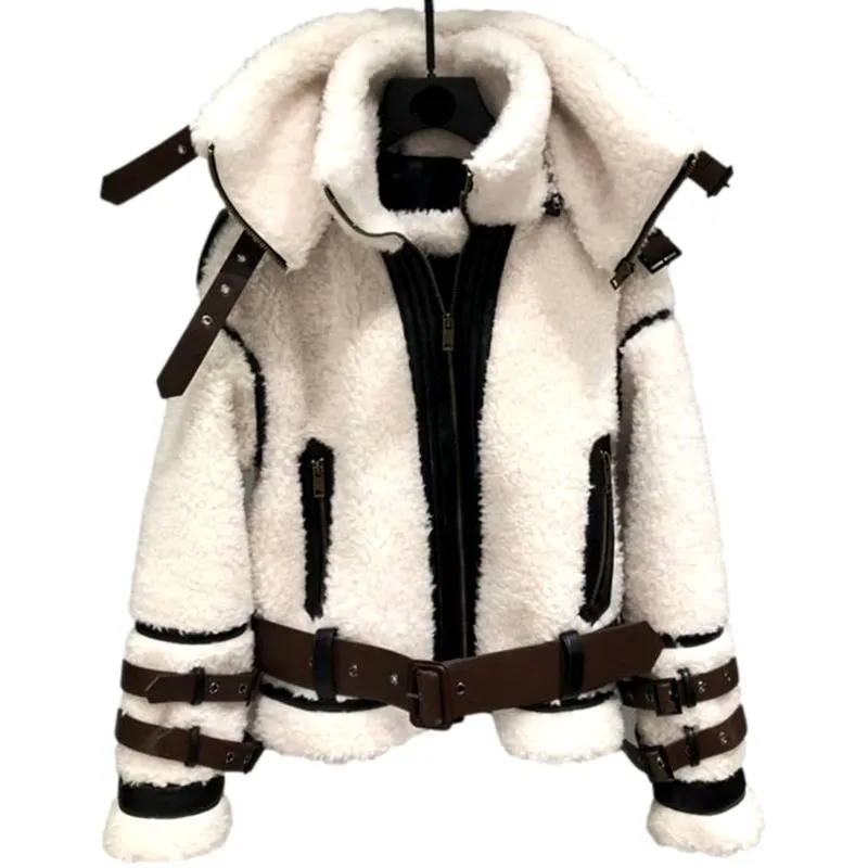 Lamb Wool Fur Genuine Leather Sheepskin Double Layers Collar Jacket