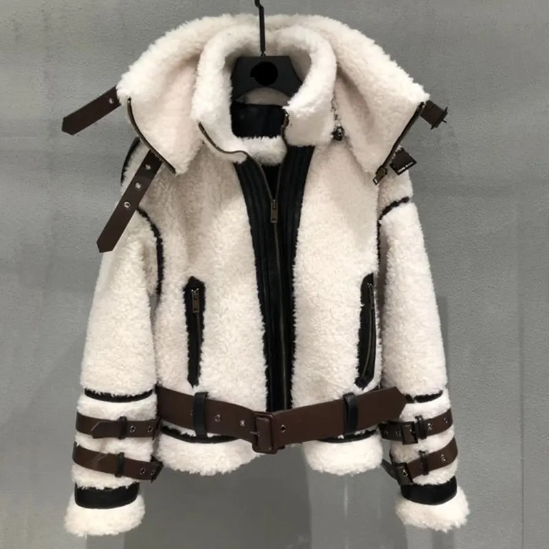 Lamb Wool Fur Genuine Leather Sheepskin Double Layers Collar Jacket