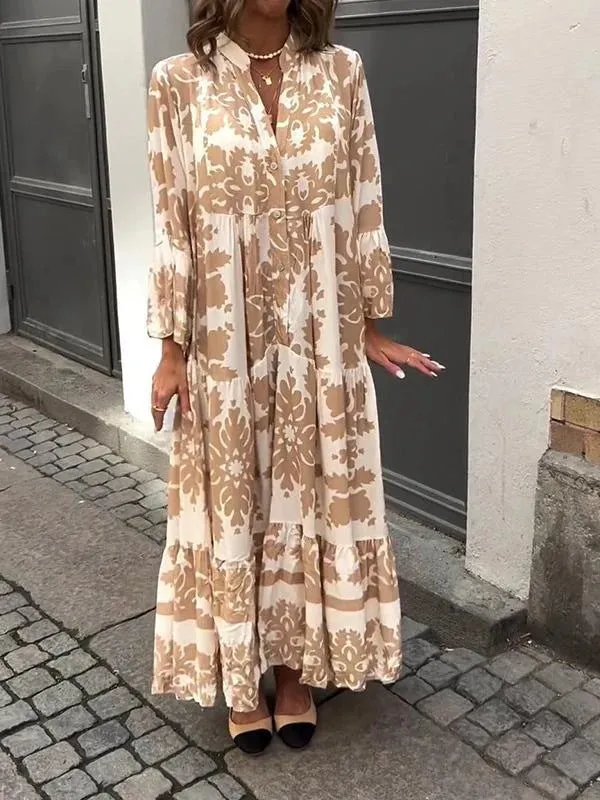 Loose Bell Sleeves Print Tiered Maxi Dress