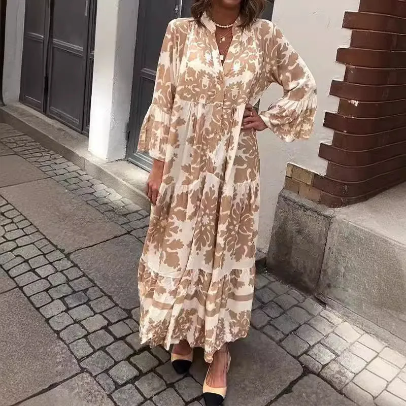 Loose Bell Sleeves Print Tiered Maxi Dress