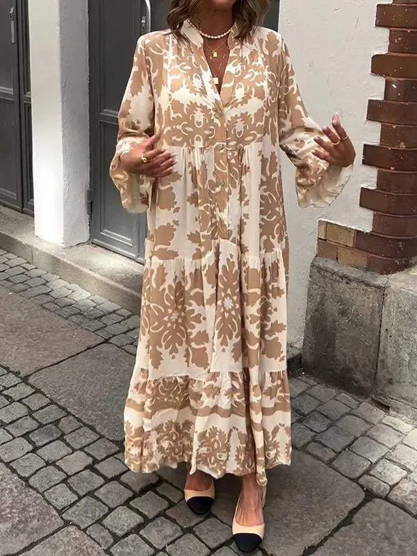 Loose Bell Sleeves Print Tiered Maxi Dress