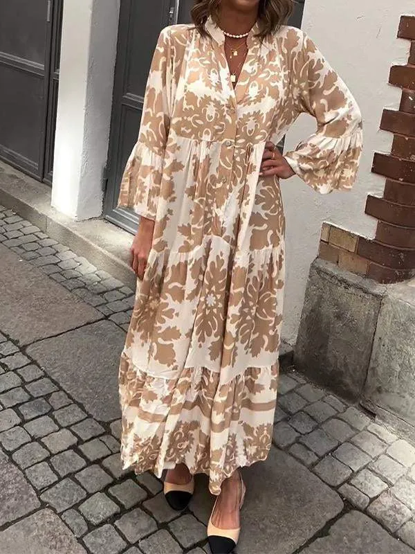Loose Bell Sleeves Print Tiered Maxi Dress