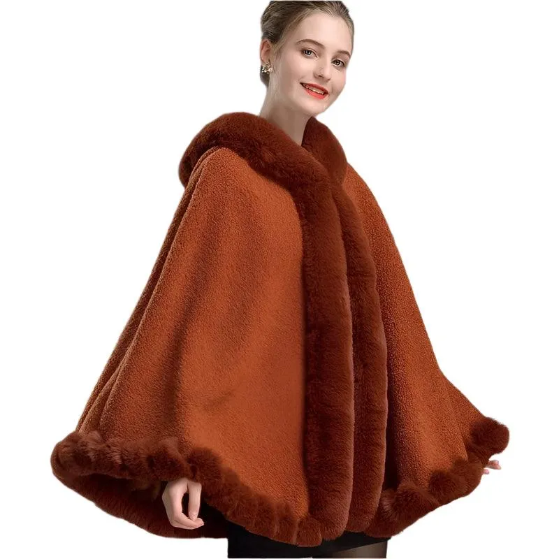 Luxury Winter Rabbit Fur Collar Poncho Cape – Elegant & Cozy Outstreet Mantle