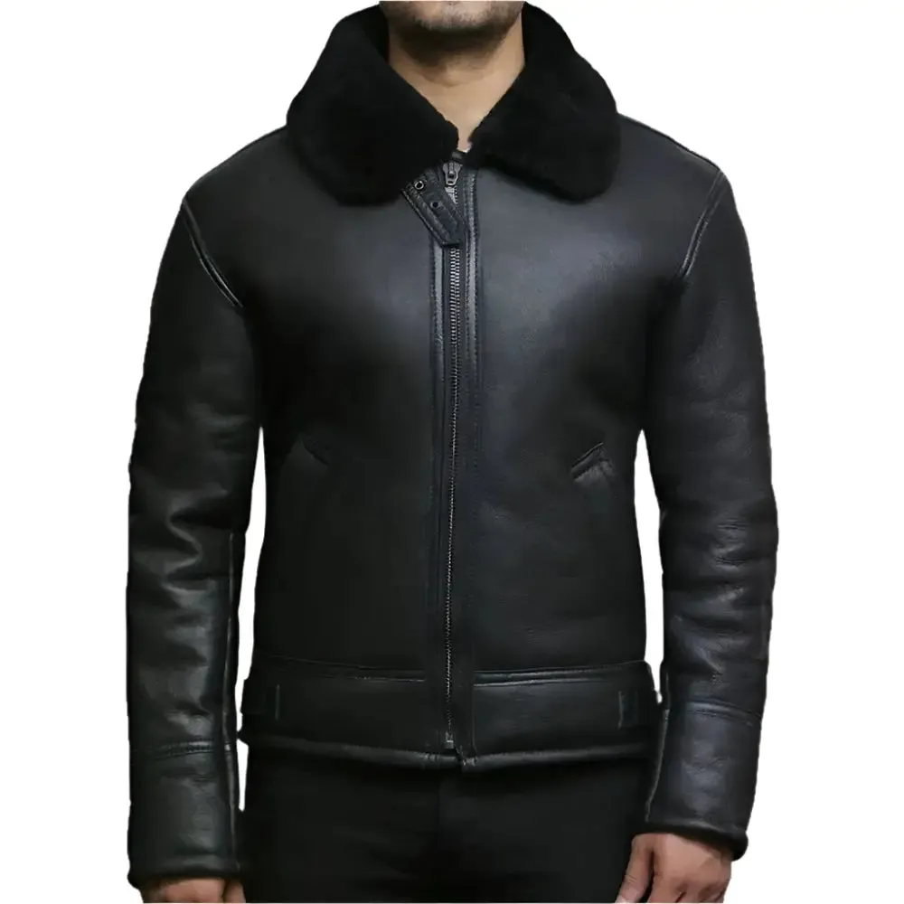 Men's Black Aviator B3 Shearling Sheepskin Leather Jacket - Warm & Stylish