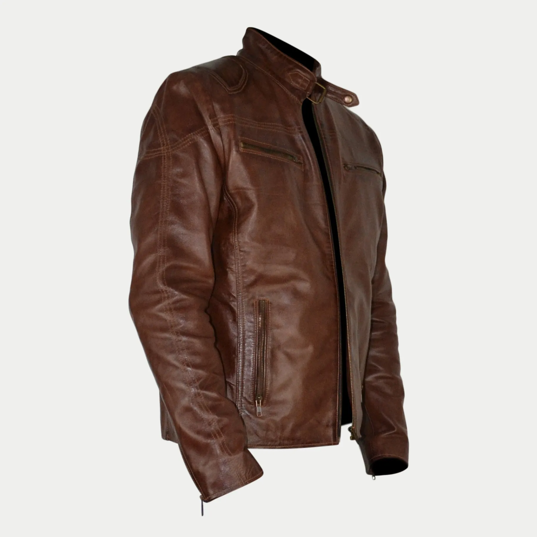 Men's Brown Waxed Slim Fit Zipper Racer Leather Jacket