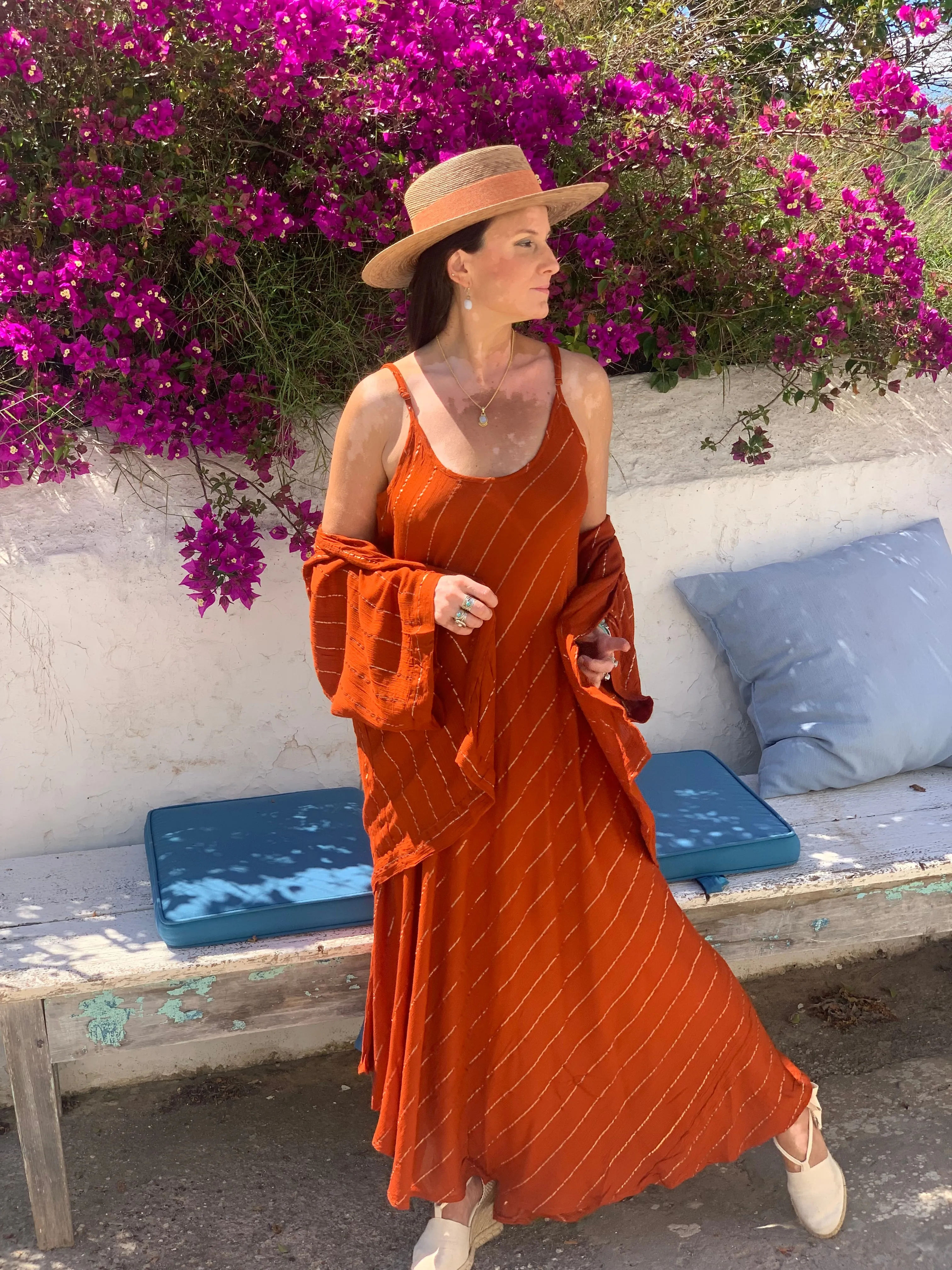 Slip dress lurex  ,  long  dress rusty red