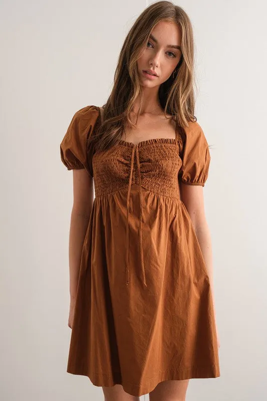  Smocked Bodice Puff Sleeve Midi Dress - Cafe
