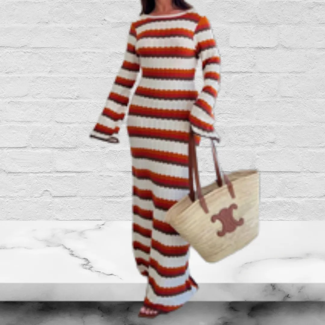 Striped Contrast Knitted Hollow Maxi Dress