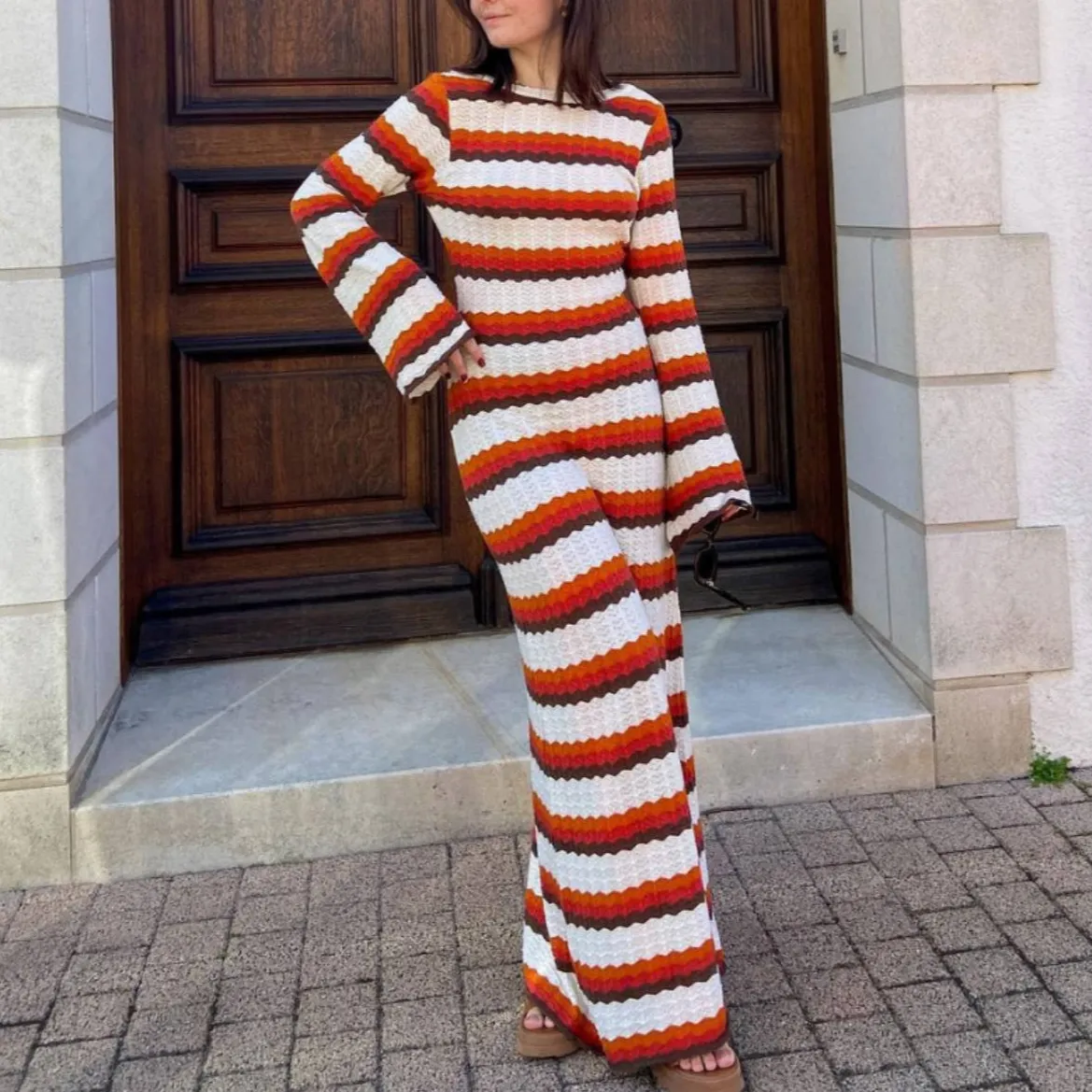 Striped Contrast Knitted Hollow Maxi Dress