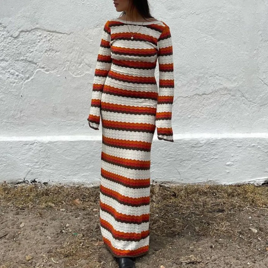 Striped Contrast Knitted Hollow Maxi Dress