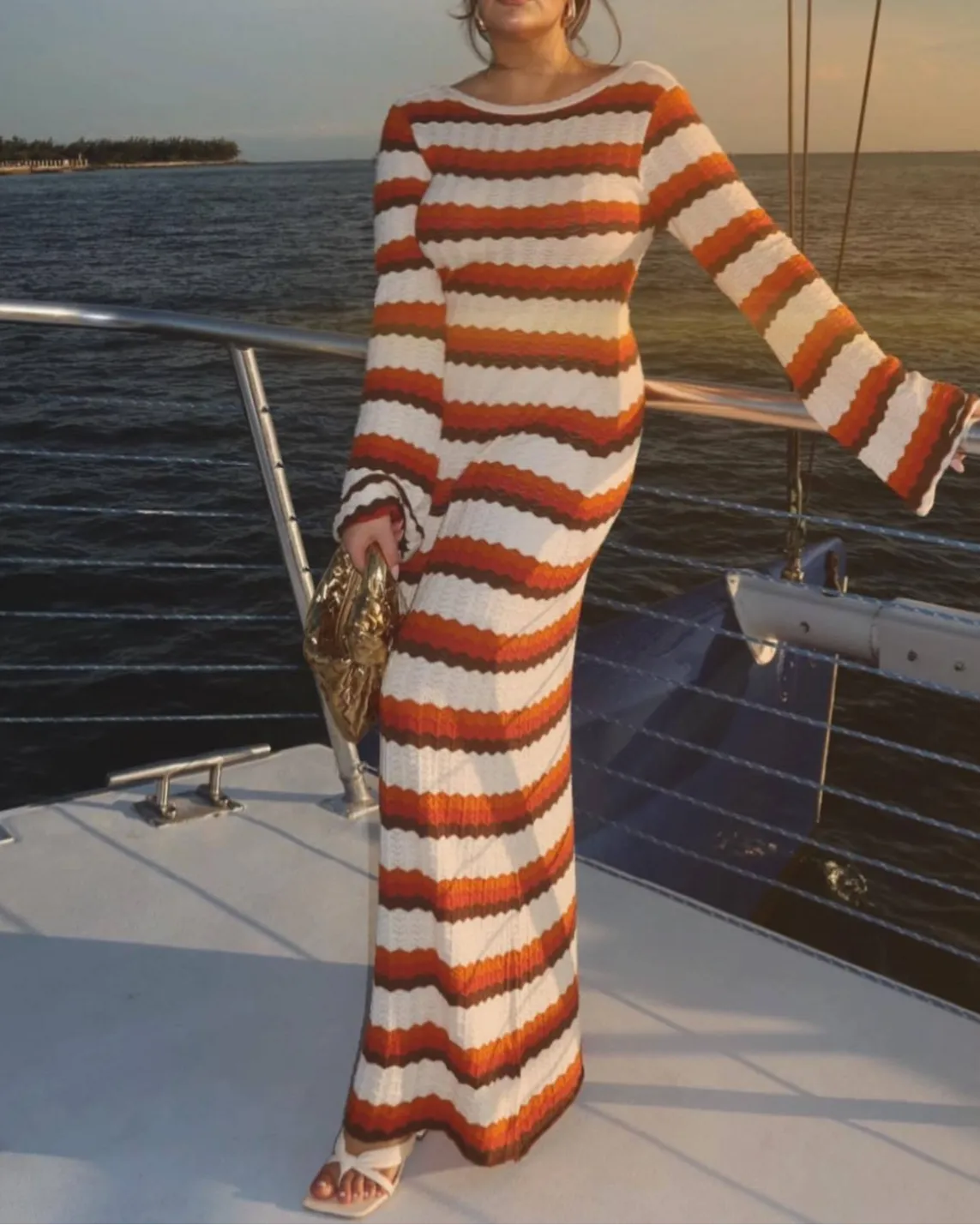 Striped Contrast Knitted Hollow Maxi Dress