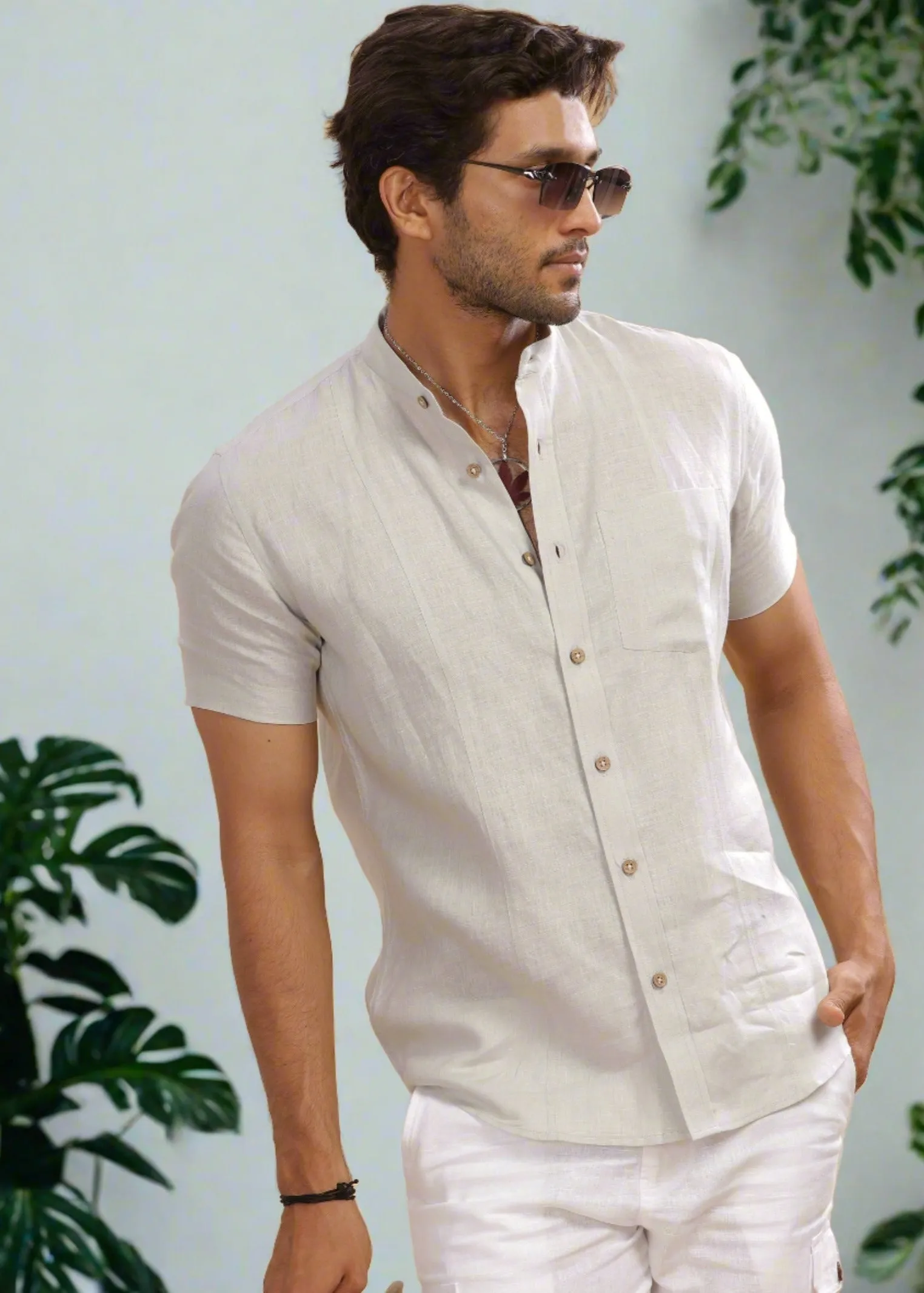 Trevor - Pure Linen Mandarin Collar Half Sleeve Shirt - Light Grey