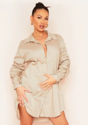 Trinity Beige Ruched Detail Shirt Dress