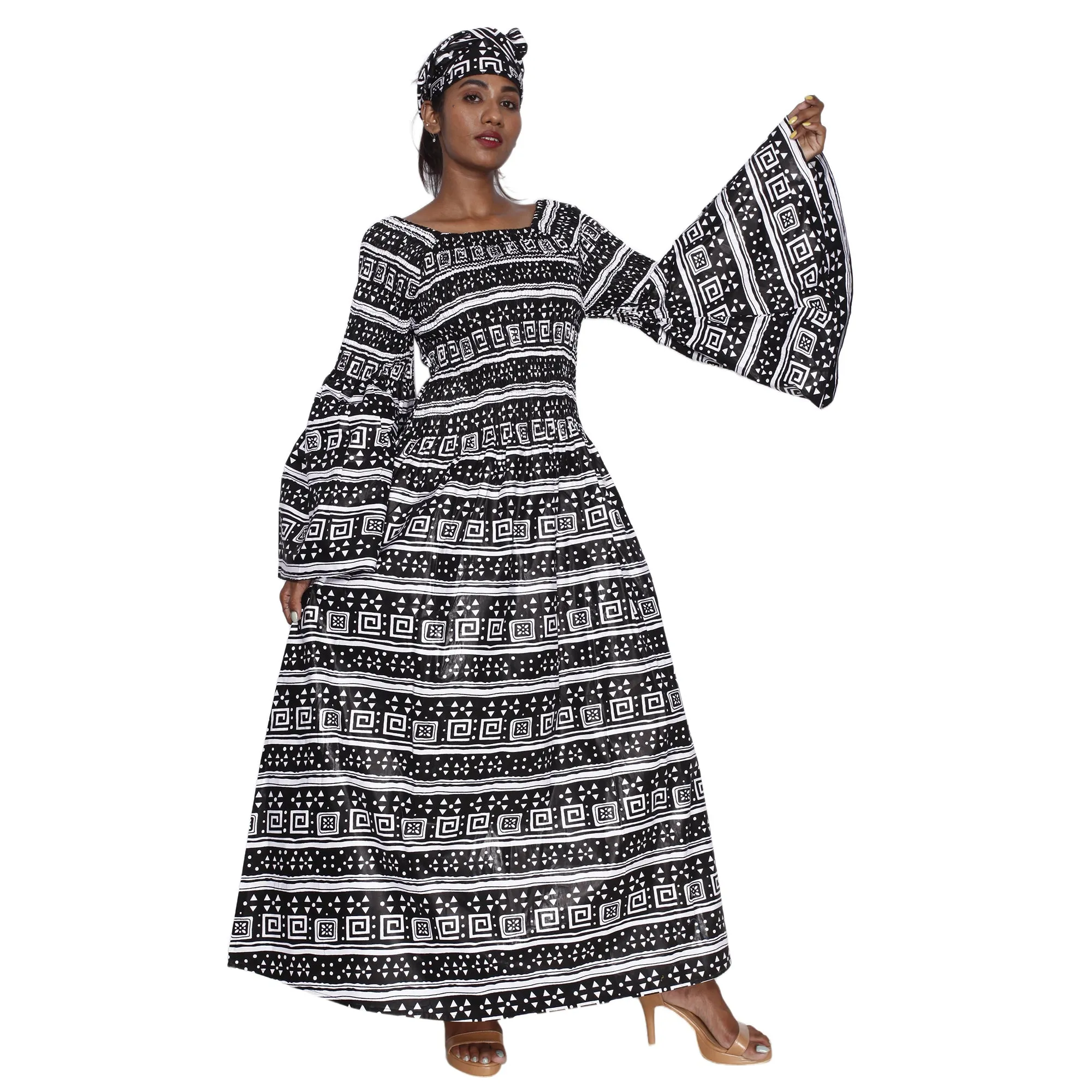 Women's Long Bell Sleeve Smocking Maxi Dress -- FI-50072
