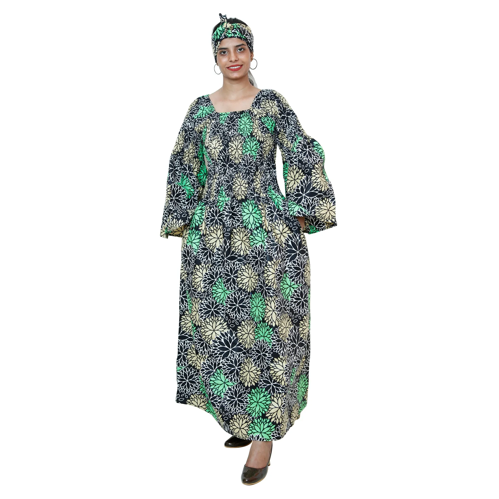 Women's Long Bell Sleeve Smocking Maxi Dress -- FI-50072