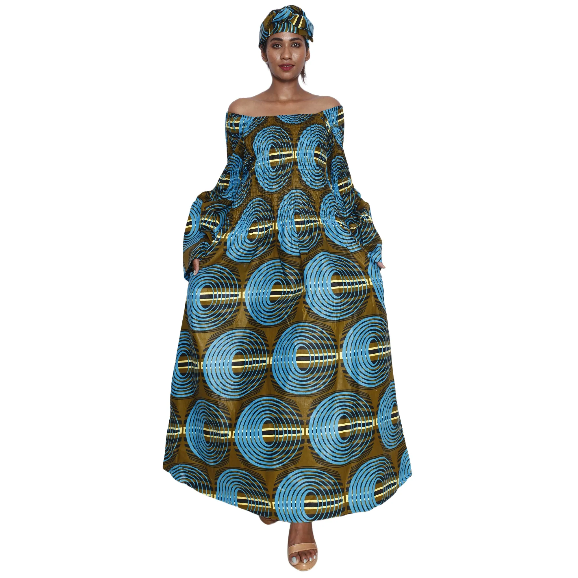 Women's Long Bell Sleeve Smocking Maxi Dress -- FI-50072
