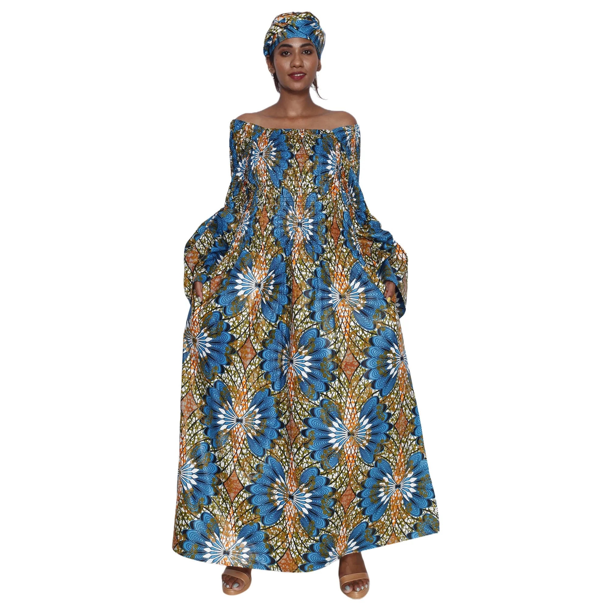 Women's Long Bell Sleeve Smocking Maxi Dress -- FI-50072