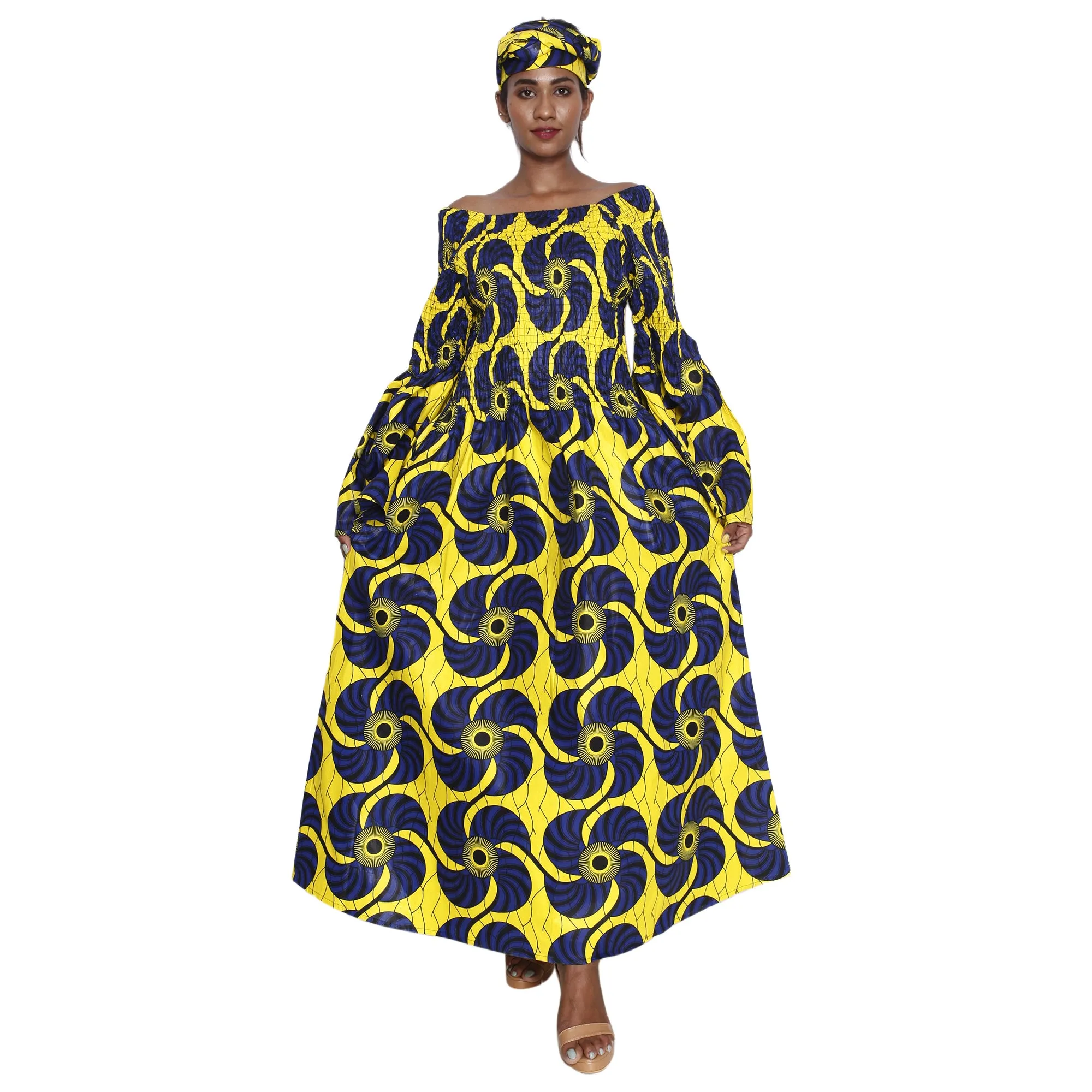 Women's Long Bell Sleeve Smocking Maxi Dress -- FI-50072