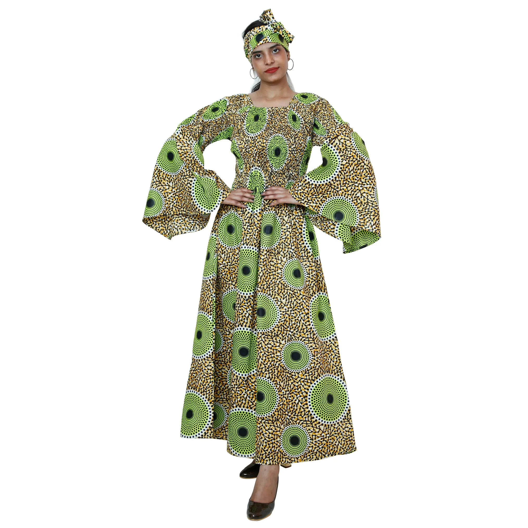 Women's Long Bell Sleeve Smocking Maxi Dress -- FI-50072