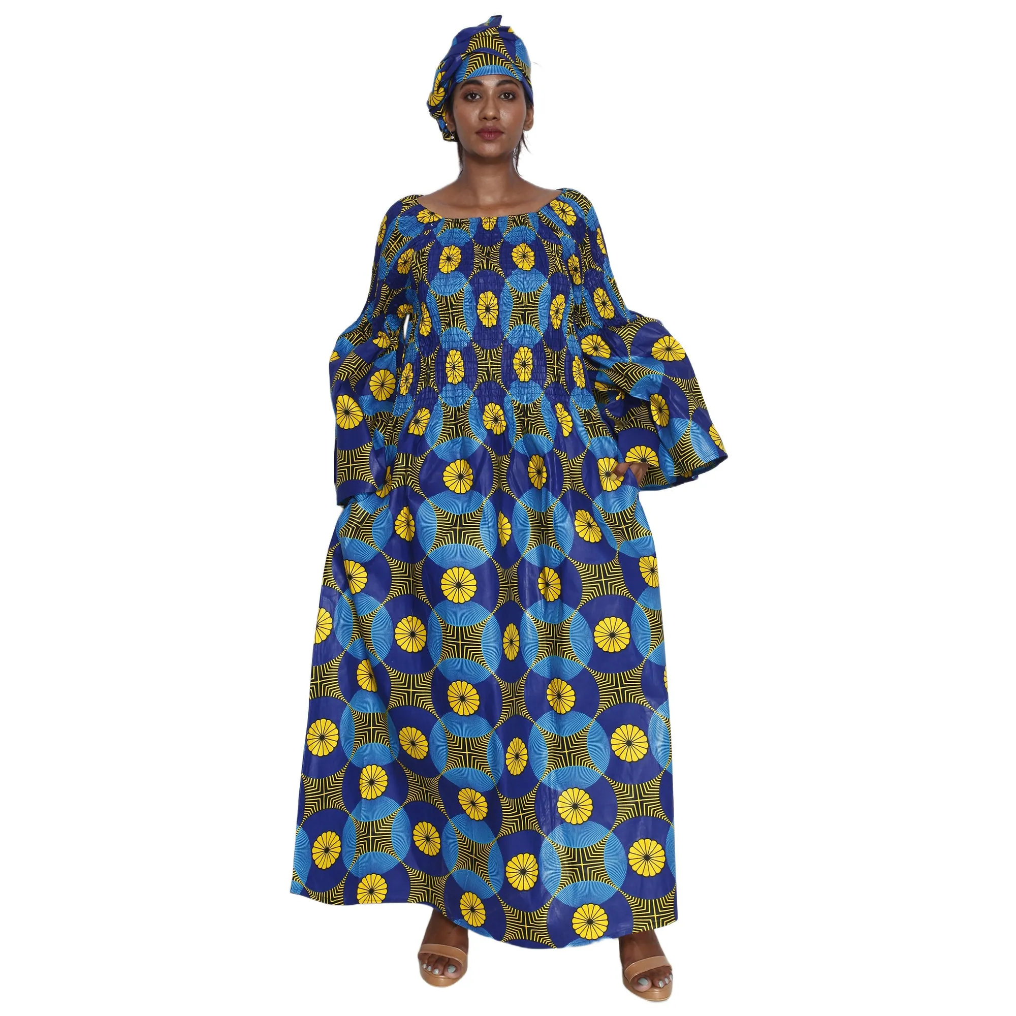 Women's Long Bell Sleeve Smocking Maxi Dress -- FI-50072