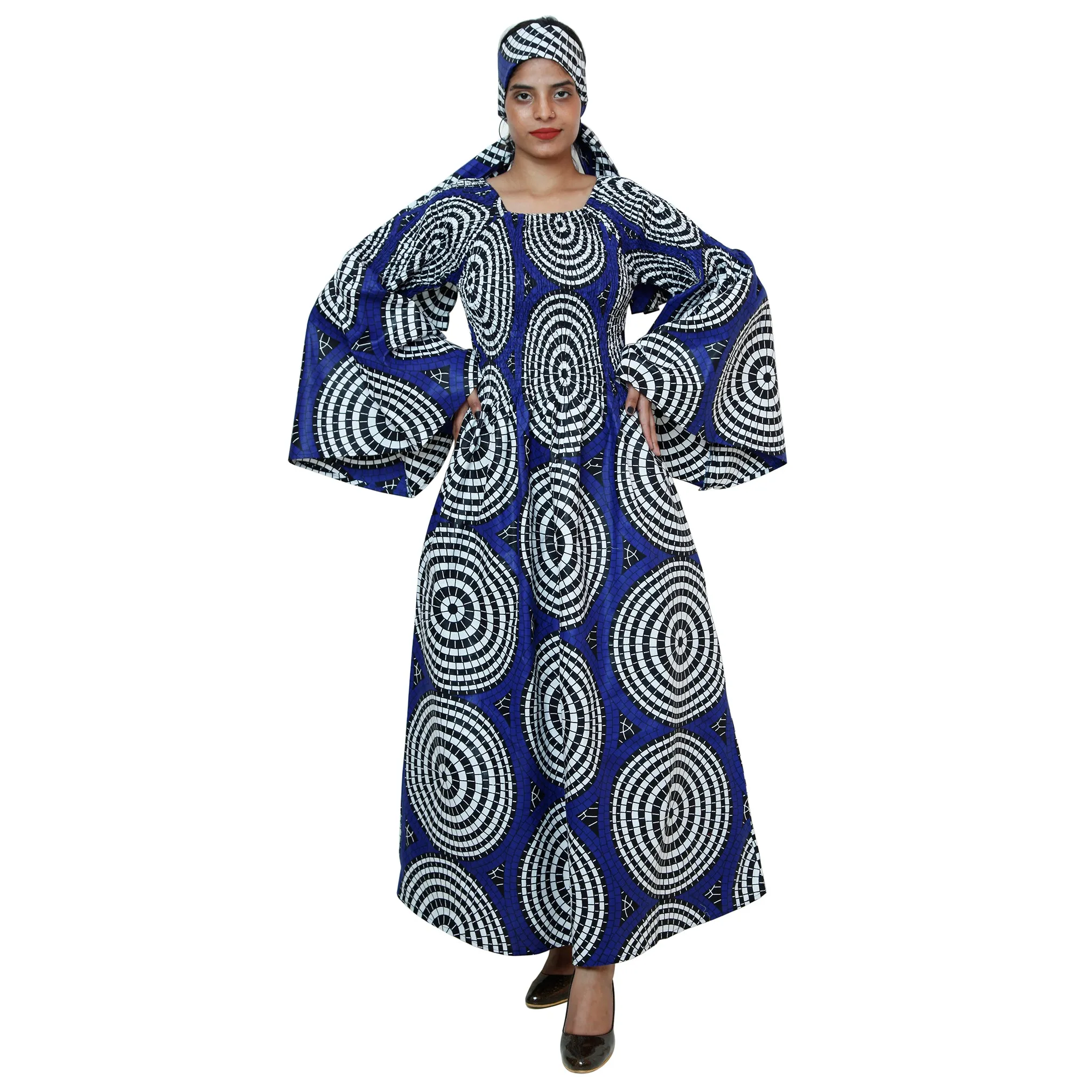 Women's Long Bell Sleeve Smocking Maxi Dress -- FI-50072