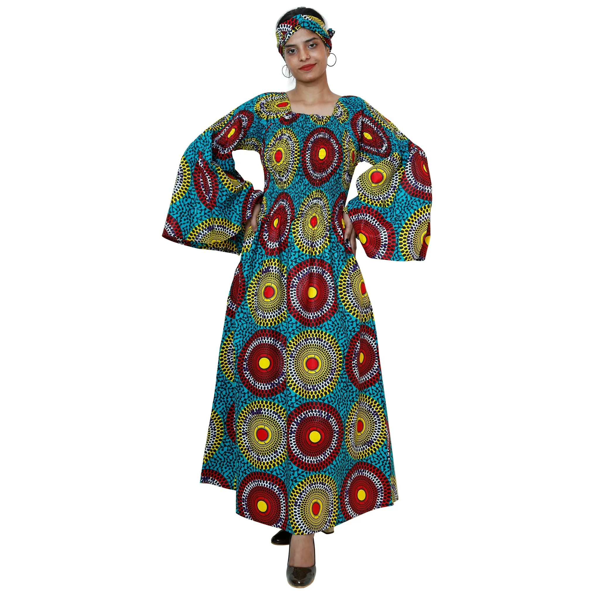 Women's Long Bell Sleeve Smocking Maxi Dress -- FI-50072