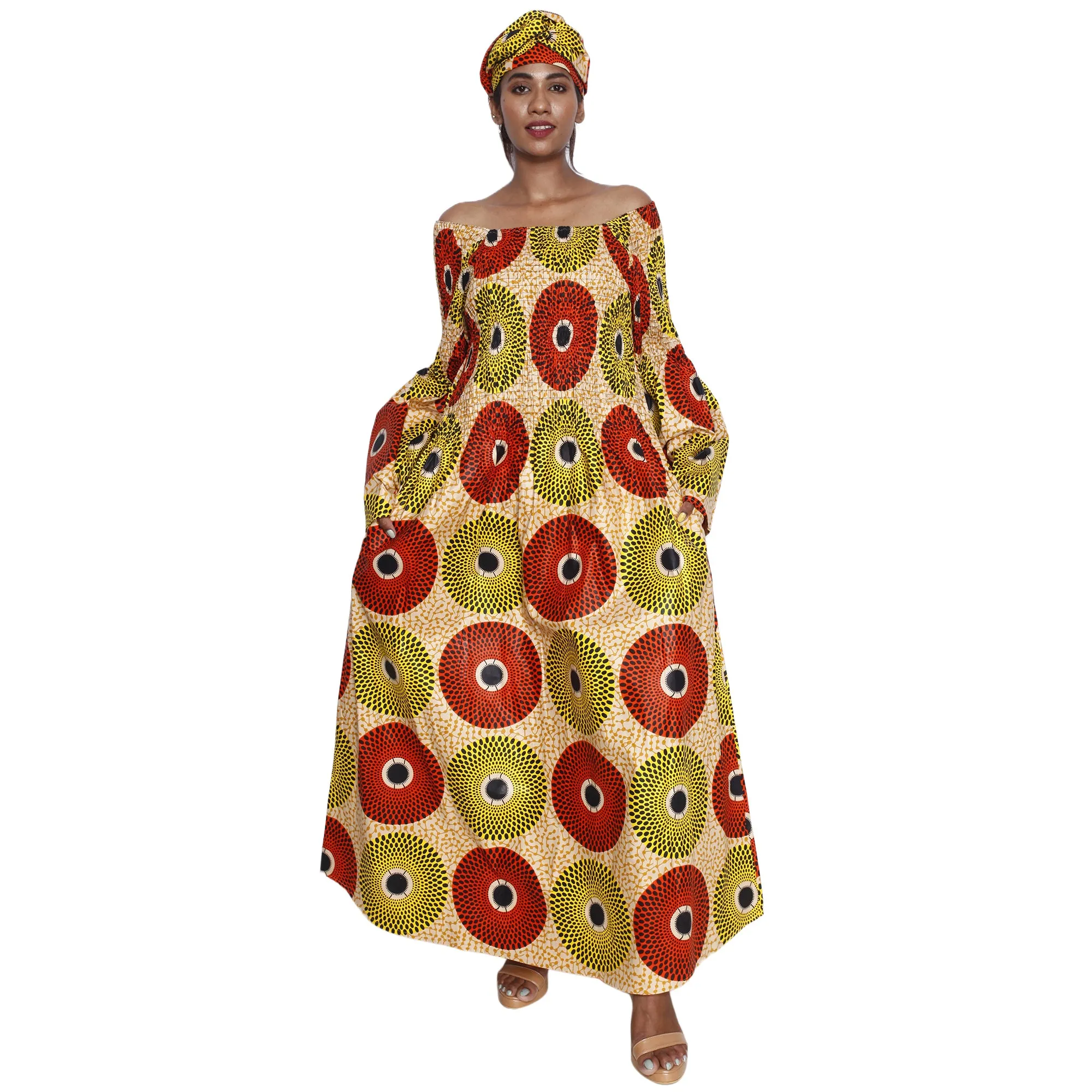 Women's Long Bell Sleeve Smocking Maxi Dress -- FI-50072